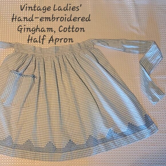 Vintage Ladies' Hand-Embroidered Gingham Cotton Apron - Picture 2 of 2